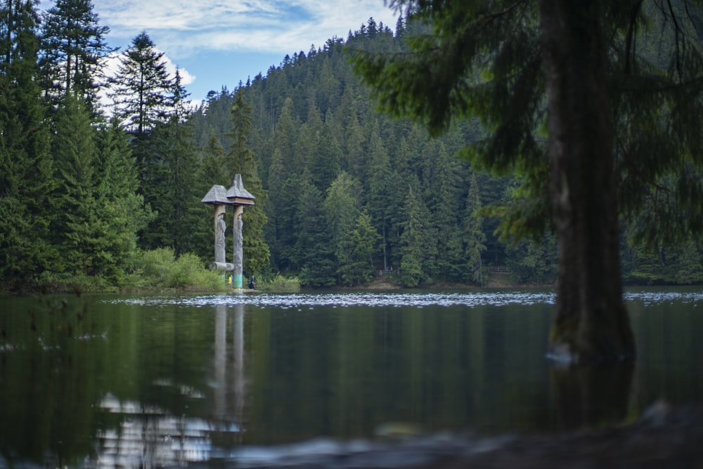 white wooden cross on body of water near green trees during daytime