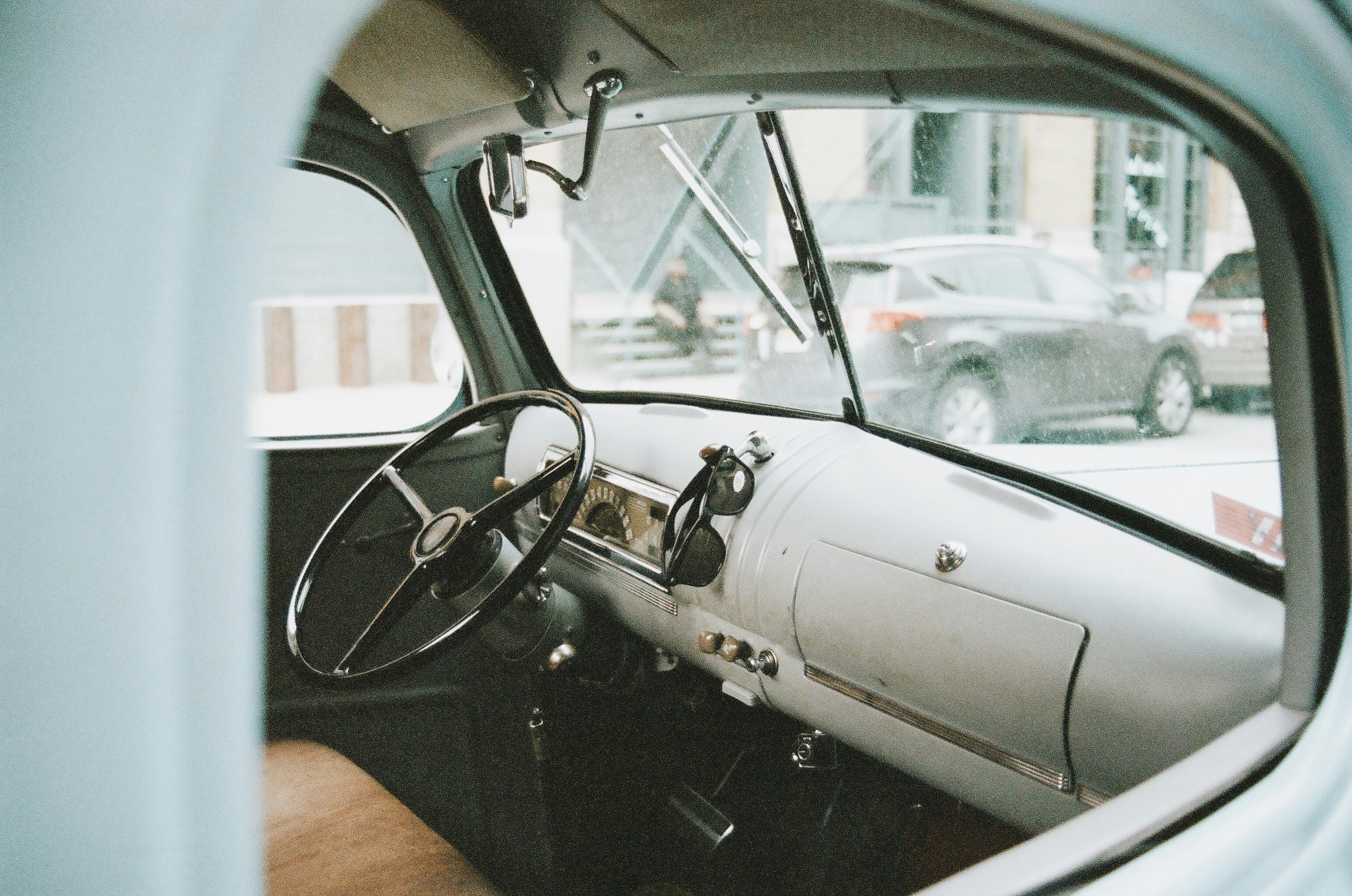 Nice interior shot of a vintage truck sat outside of a restaurant in Manhattan