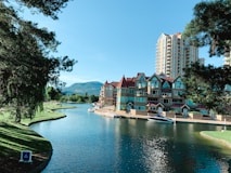 green and brown boat on river near buildings during daytime