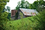 A rustic barn with a weathered, corrugated metal roof stands amidst lush greenery. Tall trees surround the structure, and a grassy field stretches in front. The barn appears aged, with a wooden facade and a cylindrical silo partially visible behind it.