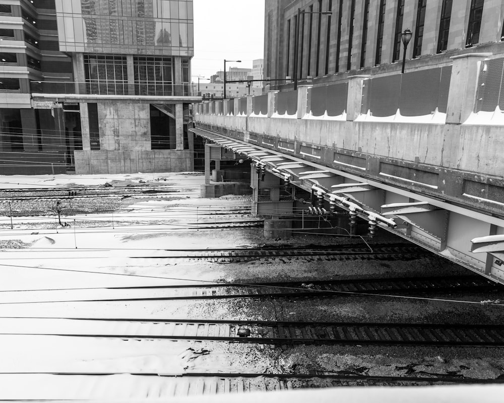 grayscale photo of a bridge