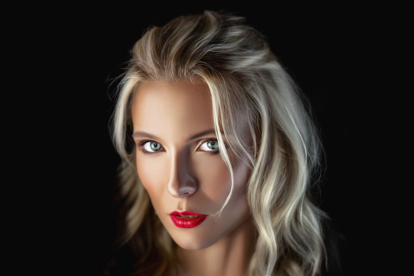 A vibrant close-up portrait of a confident model with striking red lipstick against a black background.