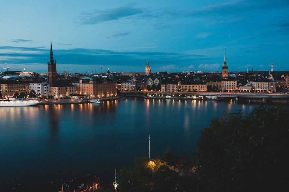 a large body of water with a city in the background