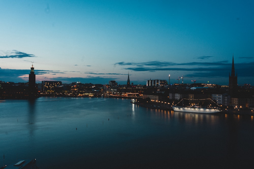 city skyline during night time