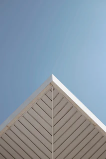 The sharp edge of a rooftop against a pale sky, the composition balanced and serene.
