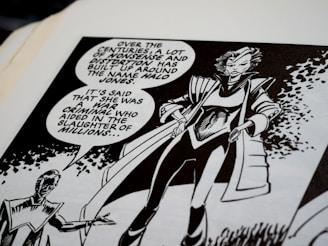 A black and white comic book page featuring a character with a futuristic outfit, including a long coat, standing confidently. The character is speaking through a speech bubble discussing a reputation built around the name Halo Jones and being labeled as a war criminal responsible for mass slaughter.