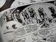 A black-and-white comic book page features a series of humanoid figures with skeletal appearances marching in a procession. The scene is accompanied by speech bubbles with dialogue describing a cult and brain implants that produce a drumbeat, impacting emotions. The artwork is detailed with an abstract background, enhancing the surreal, eerie atmosphere.