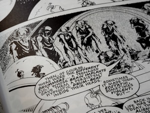 A black-and-white comic book page features a series of humanoid figures with skeletal appearances marching in a procession. The scene is accompanied by speech bubbles with dialogue describing a cult and brain implants that produce a drumbeat, impacting emotions. The artwork is detailed with an abstract background, enhancing the surreal, eerie atmosphere.