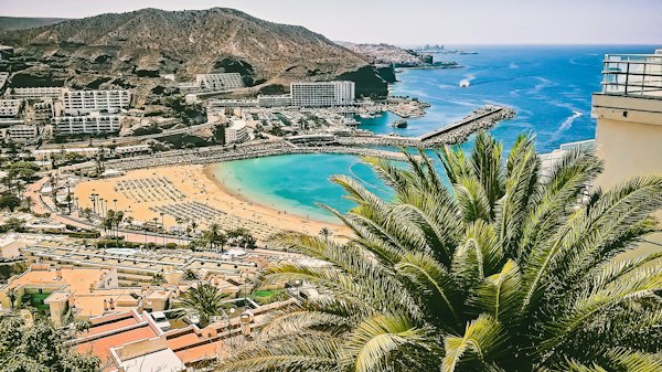 A beach and palms on the south coast, from above — Gran Canaria, Spain