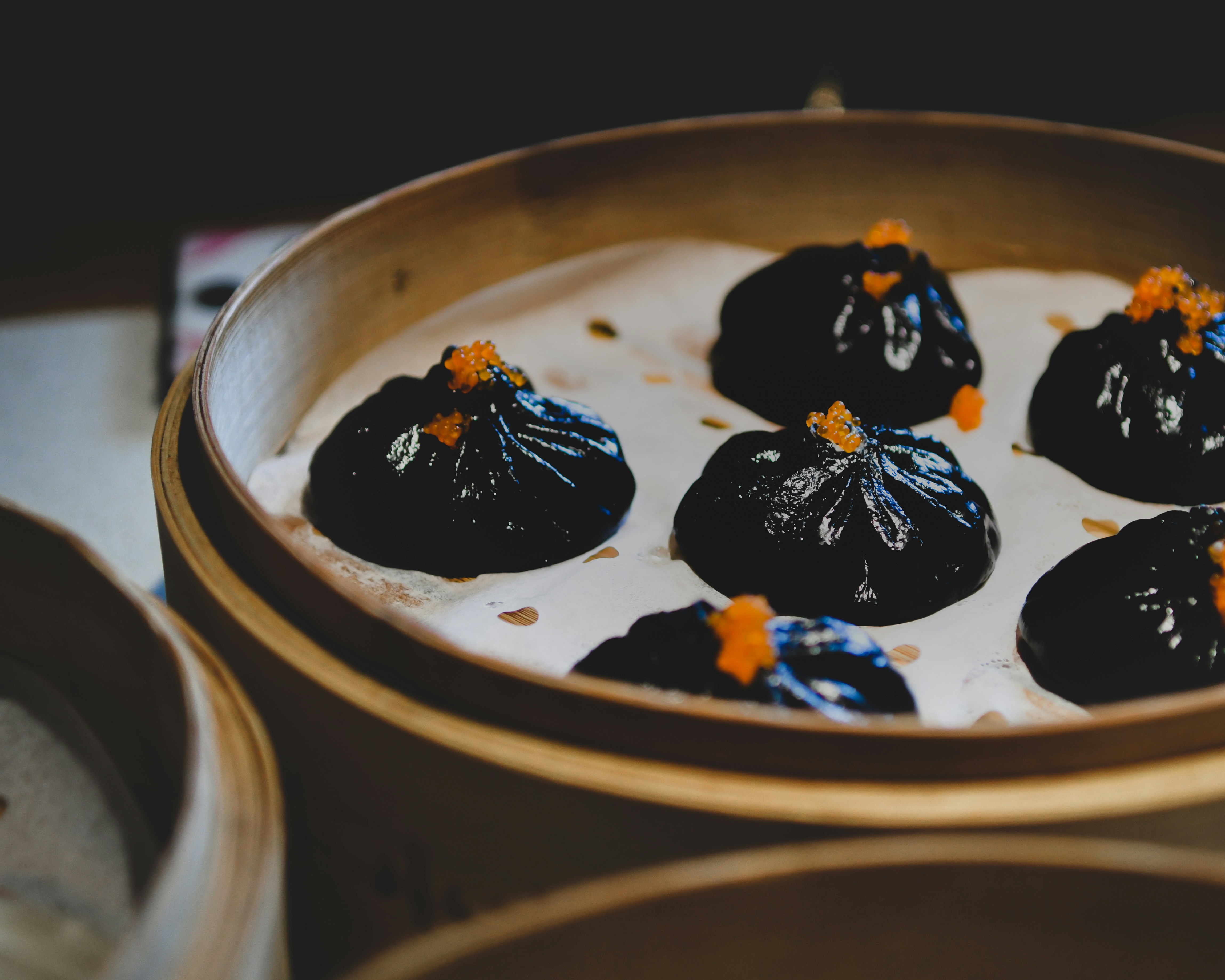 Сиу Май — authentic Chinese dish, professionally plated, dark moody background, commercial food photography