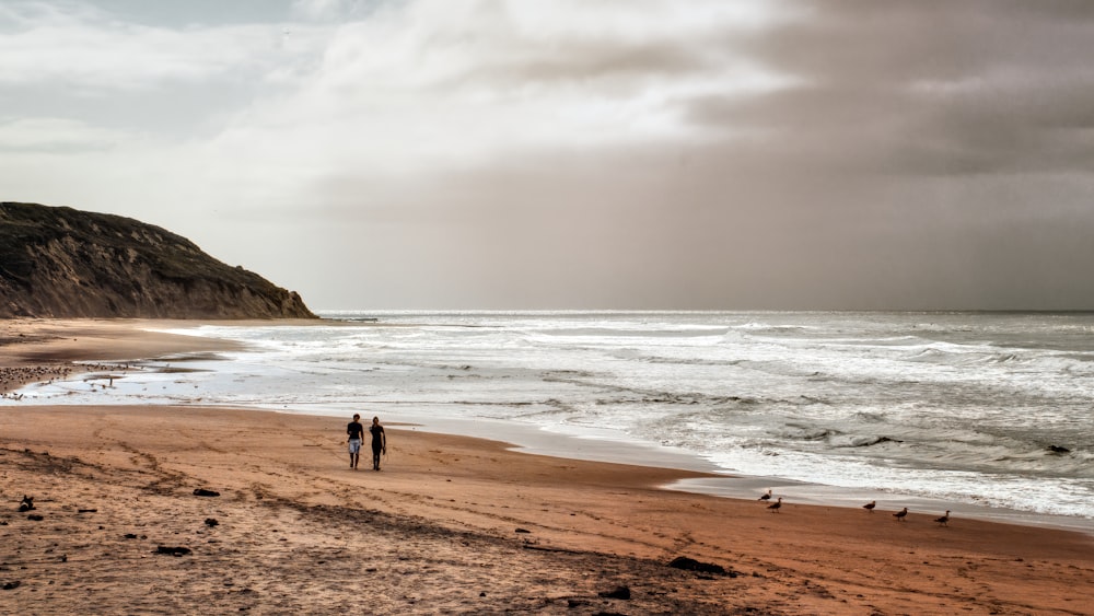 2 people walking on beach during daytime