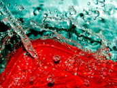 Artistic splash of vibrant liquid in neon amber and teal swirling around a sleek neonvibe can.