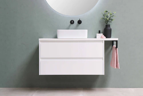 Bright white high-gloss bathroom vanity cabinet