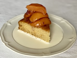 A delicious peach dessert beautifully presented.