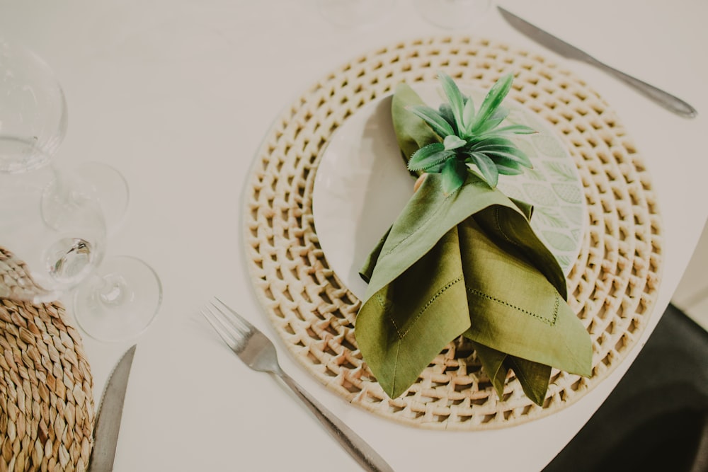 green and white floral ceramic plate