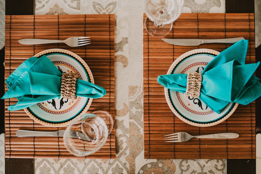 red and white ribbon on blue and white ceramic plate