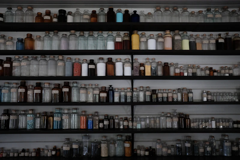 Pharmacy bottles and skincare products