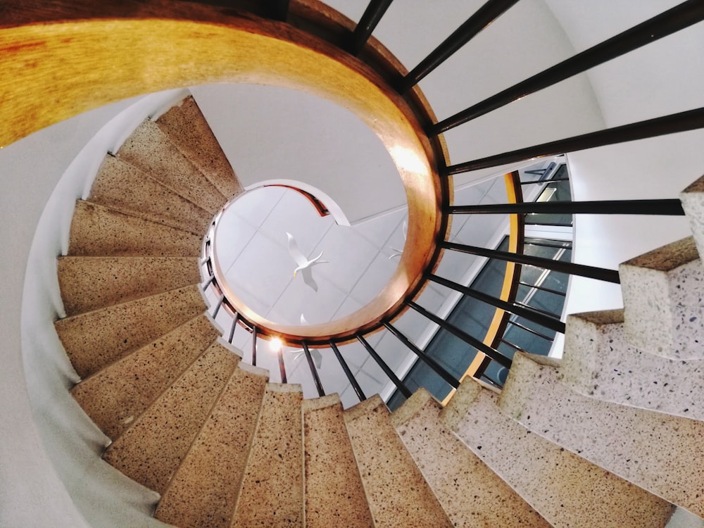 brown spiral staircase with white round ceiling lamp