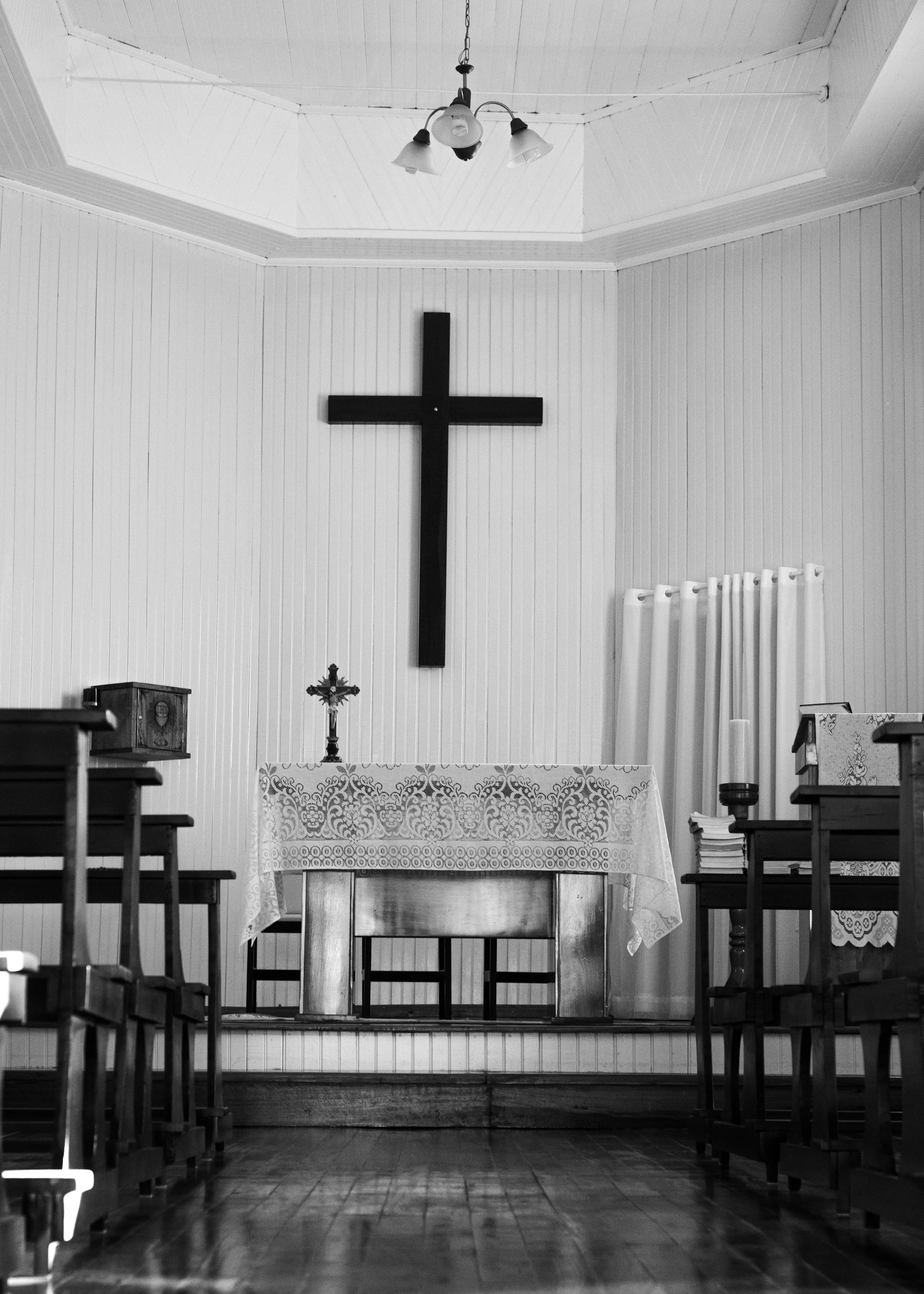 grayscale photo of church interior