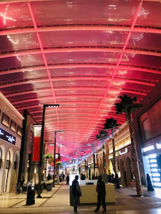A vibrant shopping center corridor with diverse storefronts and welcoming shoppers.