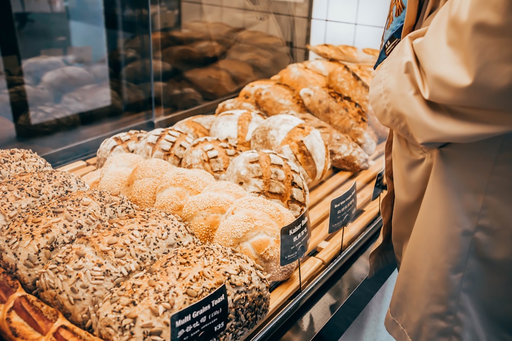 brown bread on clear glass display counter