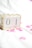 A decorative desk calendar displaying the date '01 August' in a gold wireframe holder. The calendar is placed on a white surface scattered with pink rose petals, creating a delicate and romantic atmosphere.