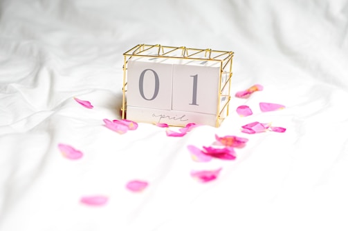 A minimalist calendar block displaying the date April 1, surrounded by scattered pink rose petals on a white fabric background. The calendar is encased in a gold wire frame, adding a touch of elegance.