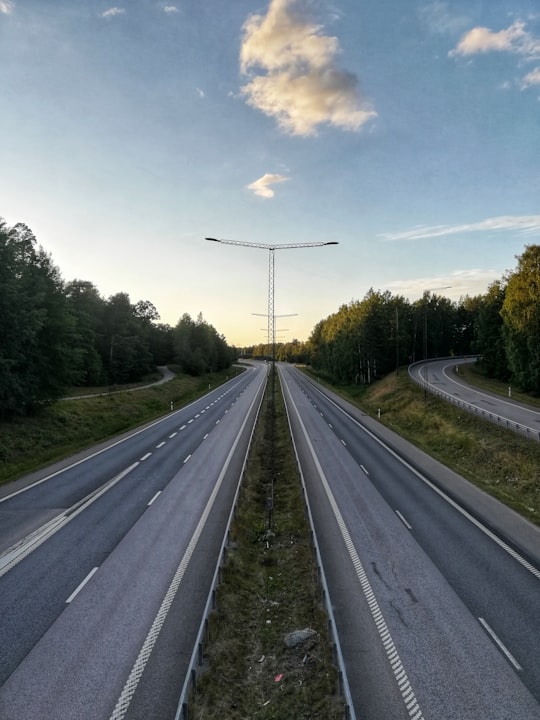 gray asphalt road between green trees under white sky during daytime in Växjö Sweden