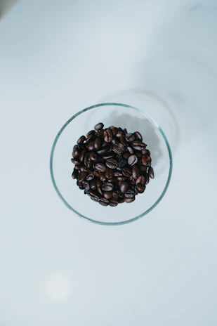 Minimalist display of coffee beans, tea leaves, and dried botanicals on a clean white surface.