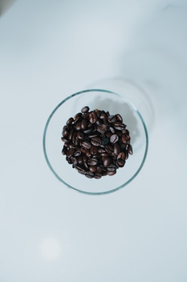 A clear glass container filled with dark roasted coffee beans sits against a clean, white surface creating a minimalistic aesthetic.