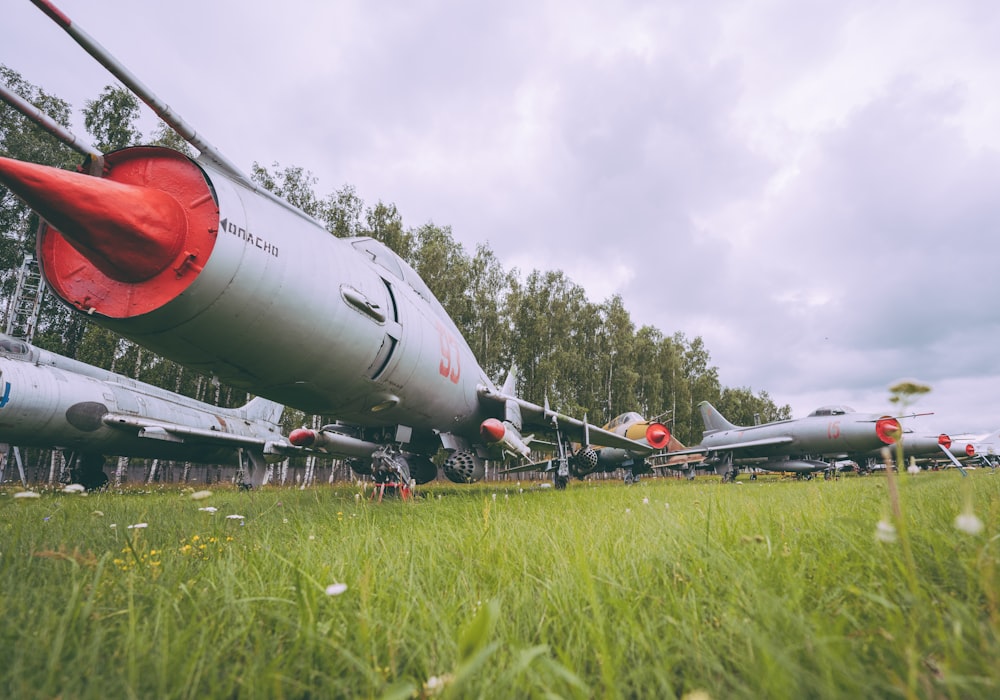 weiß-rotes Flugzeug tagsüber auf grünem Rasen