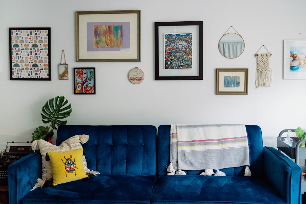 blue sofa with white and blue towel