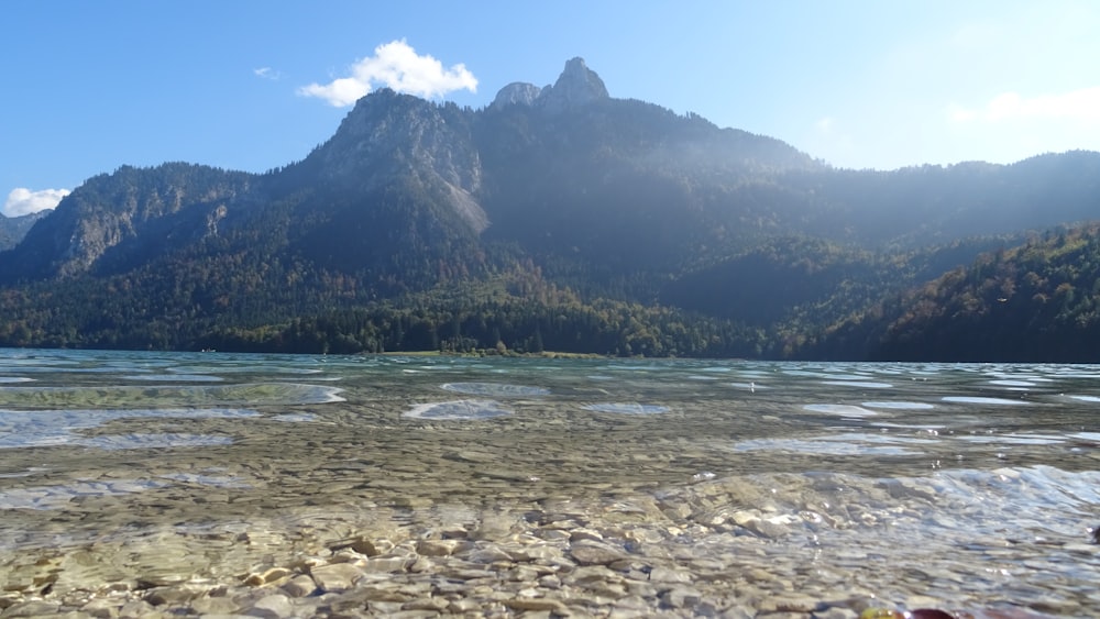 green mountain beside body of water during daytime