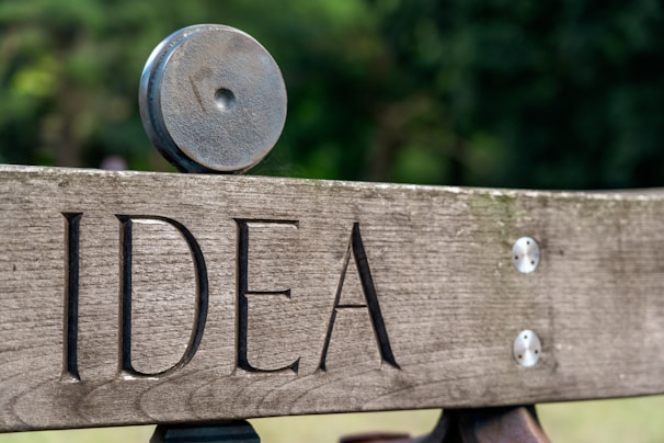 A close-up view of a wooden bench, with the word 'IDEA' carved into its backrest. The background is blurred, showing green foliage.