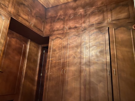 A view of tall, wooden cabinets filling the walls of a room. The cabinets have ornate borders on the doors and brass handles. The wood has a warm, rich color with light reflections creating a shimmering effect. Part of the doorway is also visible.