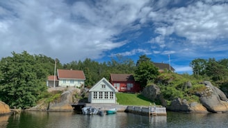 white and brown house near green trees and body of water under blue and white cloudy