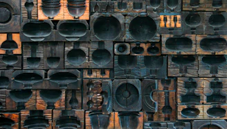 Stacked wooden blocks featuring traditional African patterns and symbols in earthy tones.