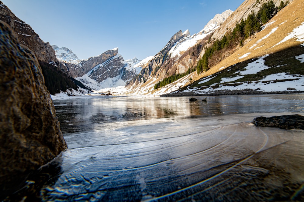 body of water near snow covered mountain during daytime