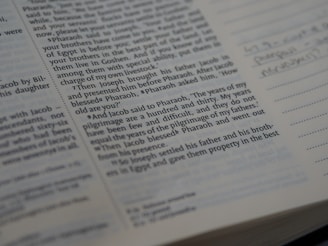 Close-up view of a book page containing English text, likely from a religious or historical book, possibly the Bible. The text appears to be part of a narrative. There is handwritten text visible on the right side, in the margin next to lines meant for notes.