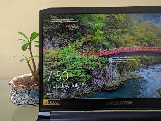 A laptop screen displays a scenic wallpaper featuring a red bridge over a river surrounded by lush, green foliage and rocky formations. Next to the laptop is a potted plant with broad leaves, placed on a glass surface.