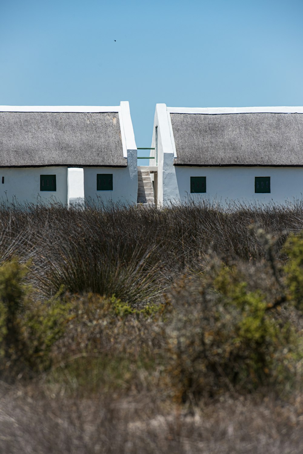 Casa blanca y gris rodeada de hierba verde durante el día