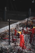 Red candles, some lit with small flames, are surrounded by ashes and remnants of burned incense sticks against a dark background. The scene appears intimate and contemplative, with melted wax forming abstract shapes.