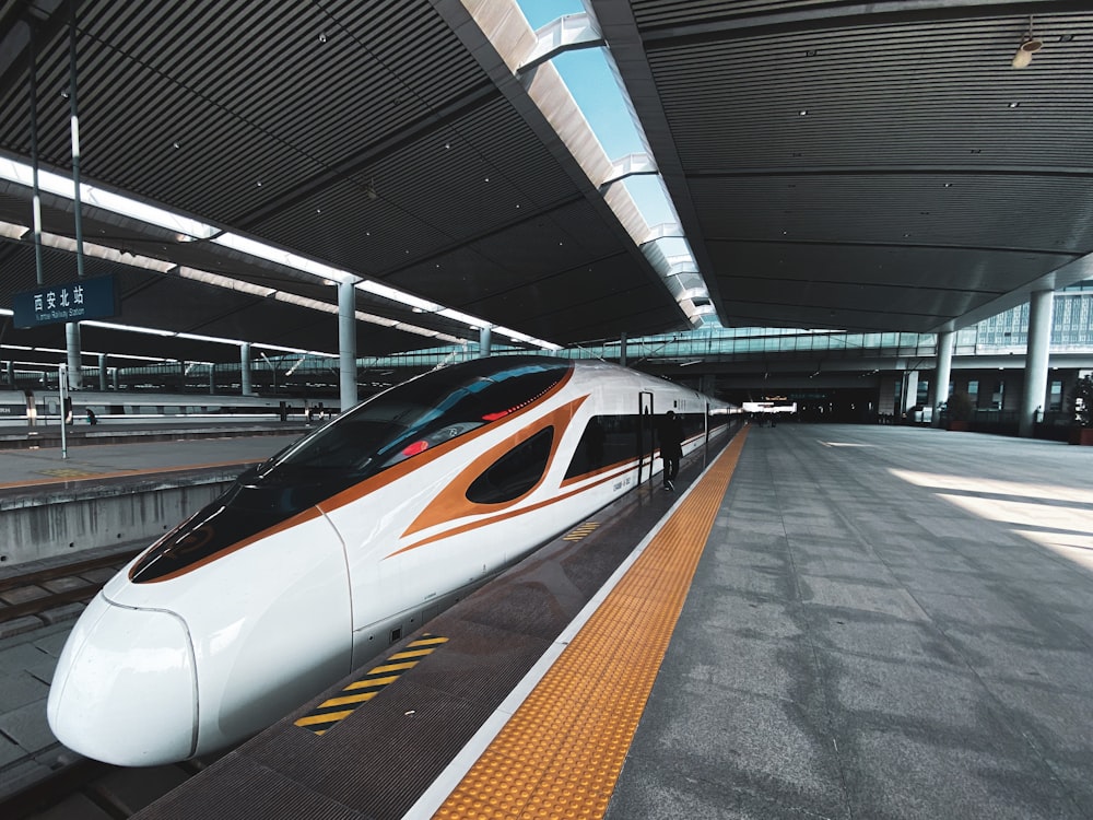 white and black train on train station