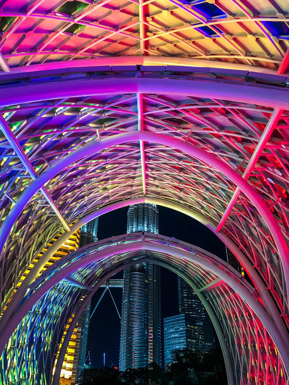 red and blue tunnel with blue and pink lights