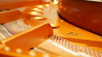 A close-up of the interior of a grand piano, showcasing the strings and tuning pins. The focus is on the golden plate with a logo and inscription, highlighting the intricate design and craftsmanship. The lighting emphasizes the metallic sheen and warm wooden tones.