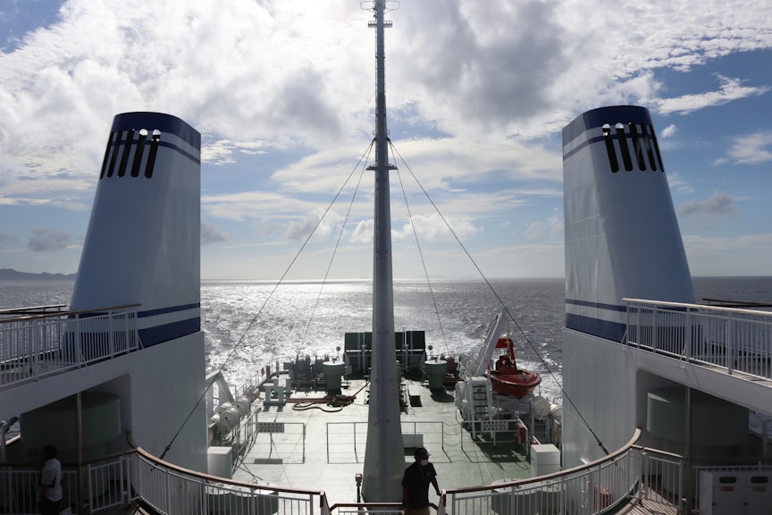 blue and white ship on sea during daytime