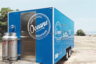 blue and white Mariscos truck doing Local SEO