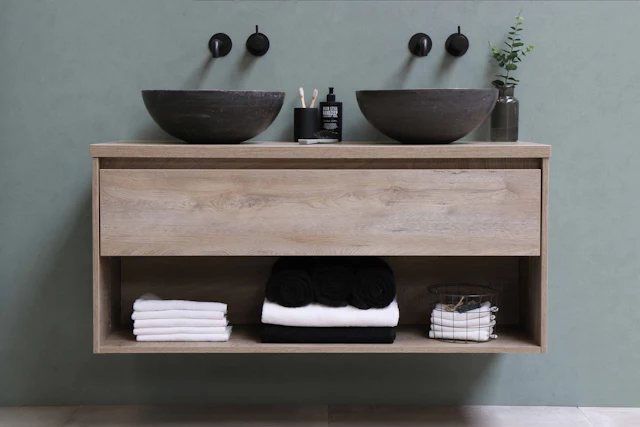 Timber Vanity with Vessel Basins — commercial washroom interior design