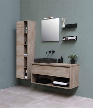 brown wooden wall mounted shelf
