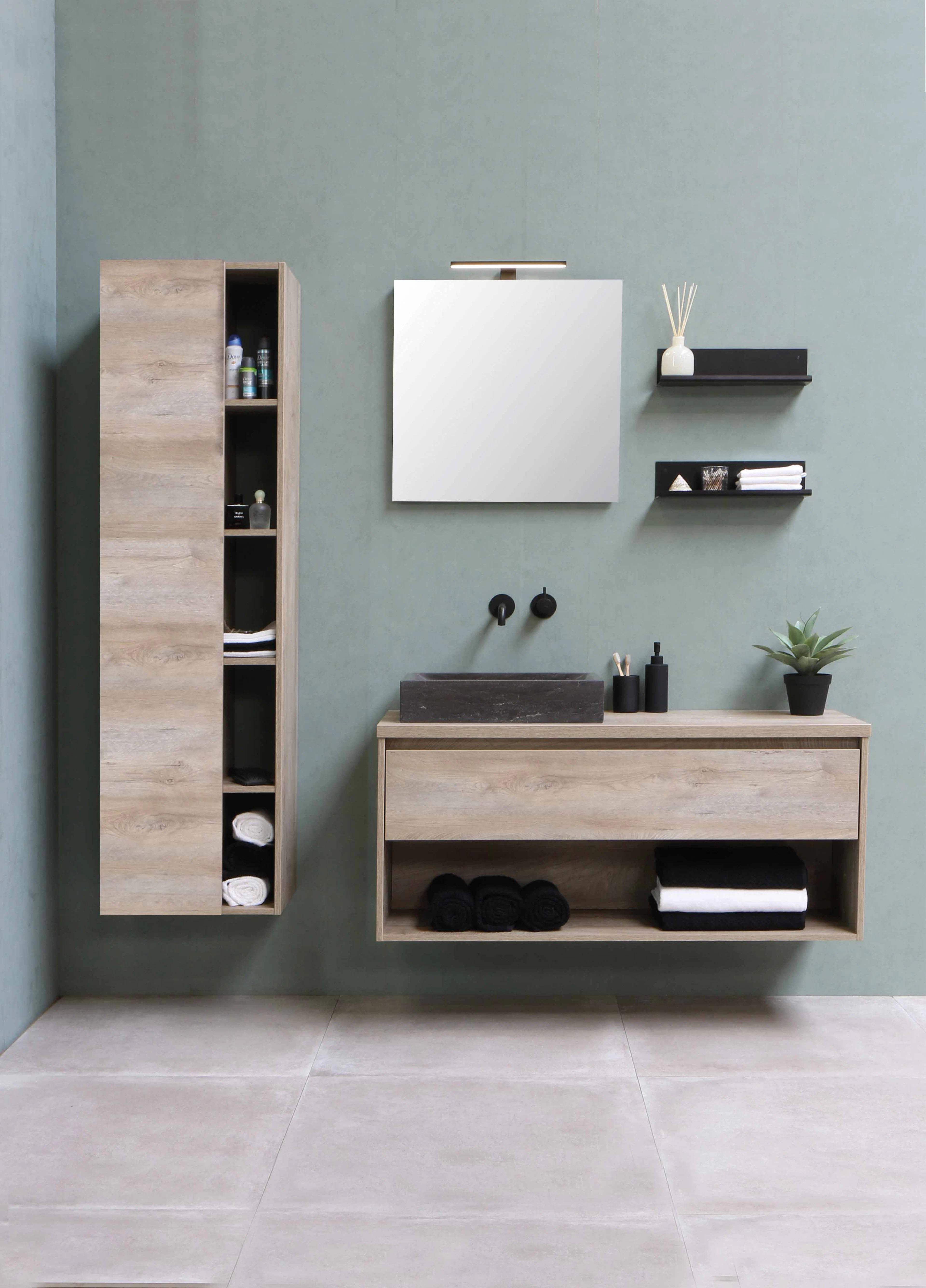 Tall open cabinet beside a floating vanity